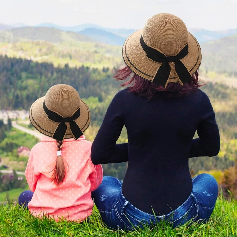2PCS Family Matching Summer Sun Straw Hat Wide Brim Bowknot Parent-Child Beach Sun Hat Cap for Women's Girls