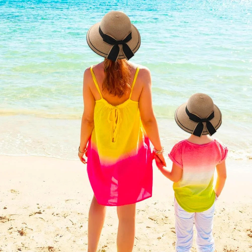 2PCS Family Matching Summer Sun Straw Hat Wide Brim Bowknot Parent-Child Beach Sun Hat Cap for Women's Girls