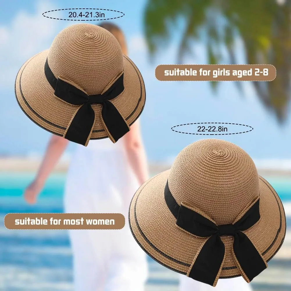 2PCS Family Matching Summer Sun Straw Hat Wide Brim Bowknot Parent-Child Beach Sun Hat Cap for Women's Girls