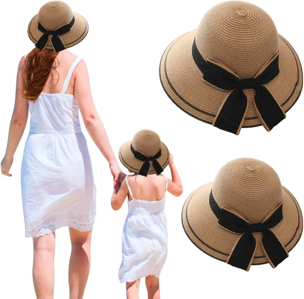 2PCS Family Matching Summer Sun Straw Hat Wide Brim Bowknot Parent-Child Beach Sun Hat Cap for Women's Girls