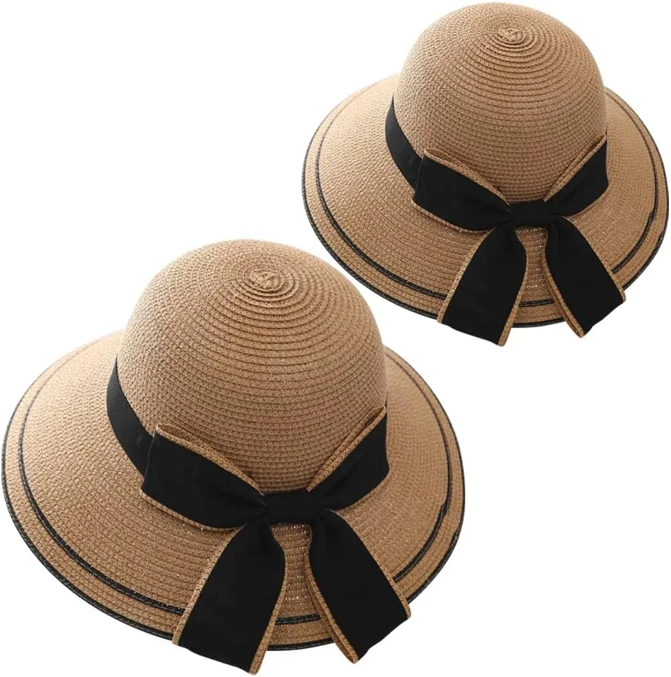 2PCS Family Matching Summer Sun Straw Hat Wide Brim Bowknot Parent-Child Beach Sun Hat Cap for Women's Girls