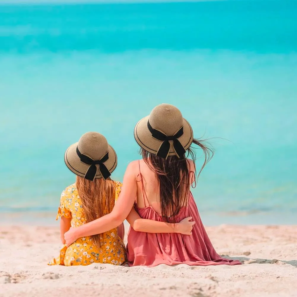2PCS Family Matching Summer Sun Straw Hat Wide Brim Bowknot Parent-Child Beach Sun Hat Cap for Women's Girls