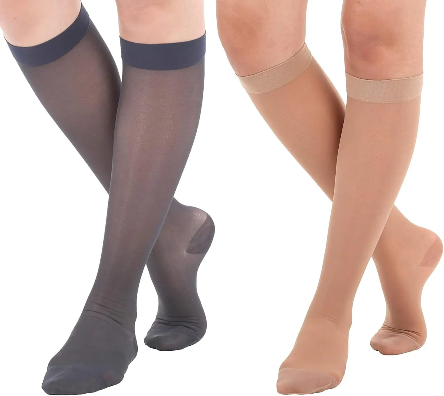 (6 Pairs) Made in USA - Size Large - Sheer Compression Socks for Women Circulation 15-20mmHg - Lightweight Long Compression Knee Hi Support Stockings for Ladies - Navy & Natural
