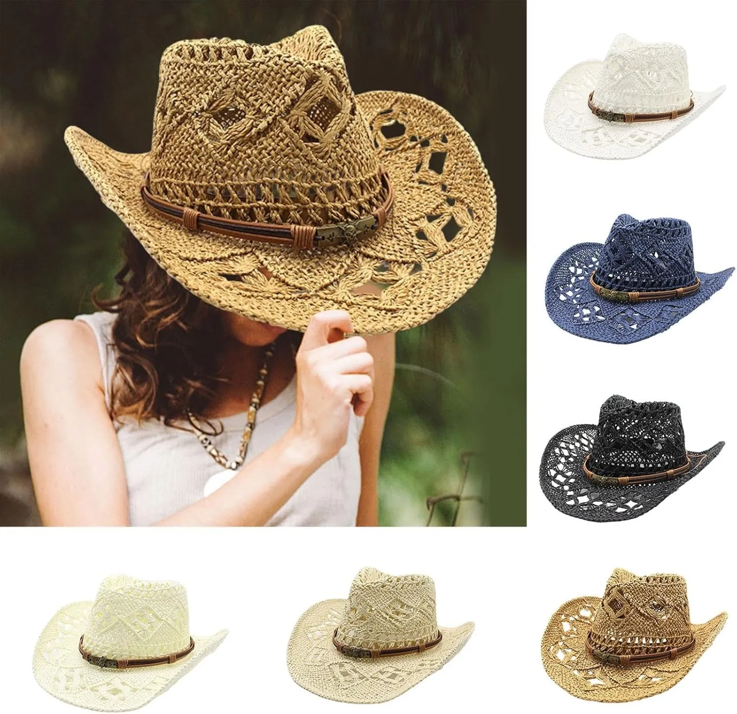 Cowboy Hat,Cowgirl Hat,Cowboy Hats for Women/Mens/Straw Wide with Shapeable Brim Cowboy Hats for Womens/White/Black/Beige