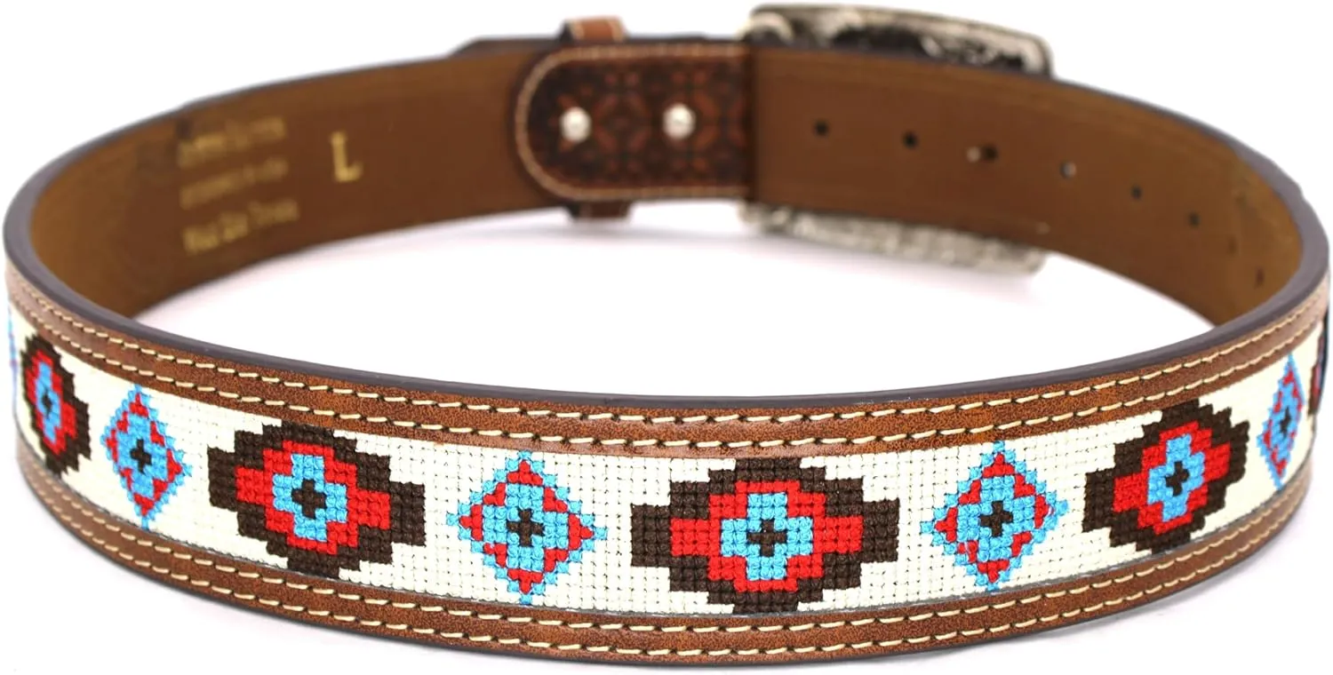 Embroidery Fabric Belt Aztec Print Men Women Cowboy Genuine Leather