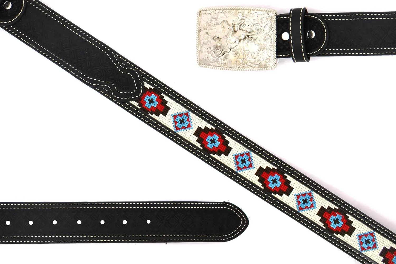 Embroidery Fabric Belt Aztec Print Men Women Cowboy Genuine Leather