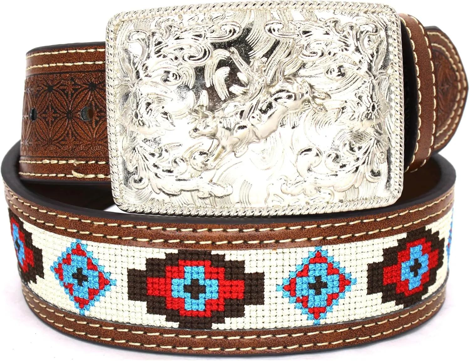 Embroidery Fabric Belt Aztec Print Men Women Cowboy Genuine Leather