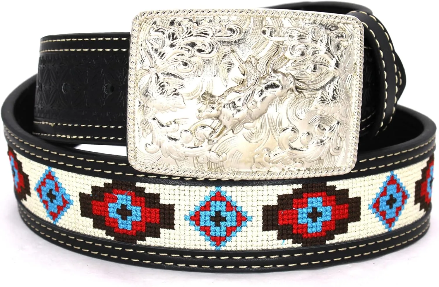 Embroidery Fabric Belt Aztec Print Men Women Cowboy Genuine Leather