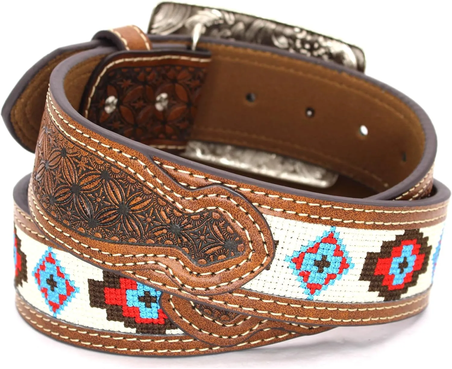 Embroidery Fabric Belt Aztec Print Men Women Cowboy Genuine Leather