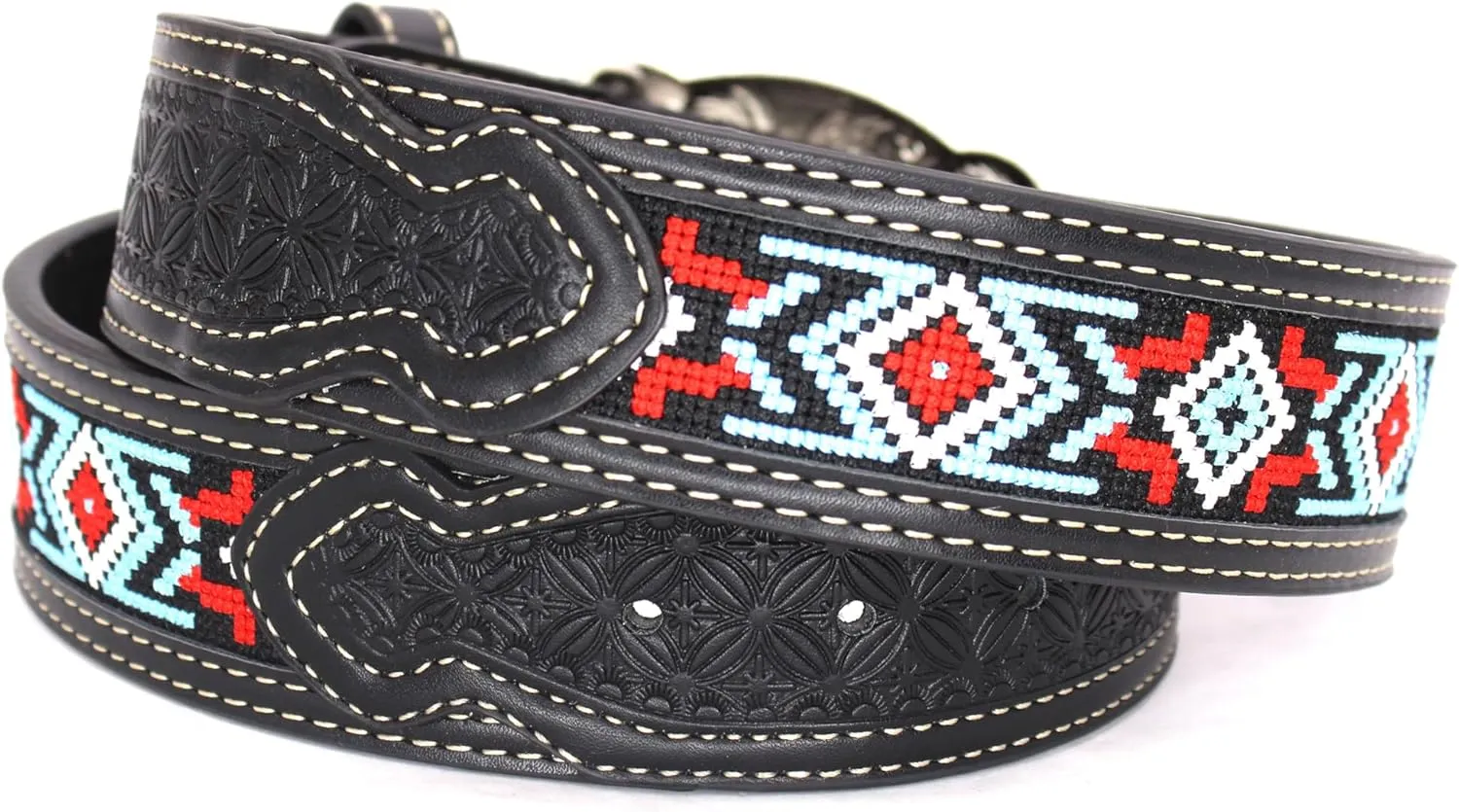 Embroidery Fabric Belt Aztec Print Men Women Cowboy Genuine Leather