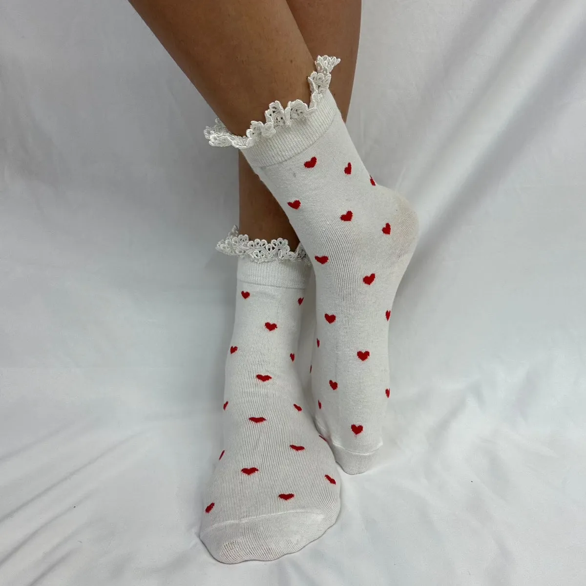 HEARTS DELIGHT  lace top heart ankle sock -  red