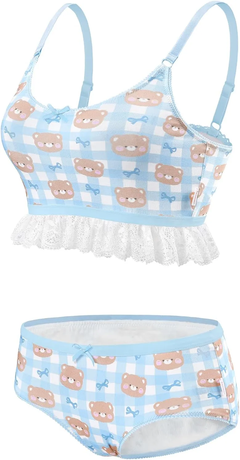 Littleforbig Lacy Trim Women Nightwear Strap Sleepwear Cami Top Shorts Lingerie Baby Bear Bralette Loungewear Set