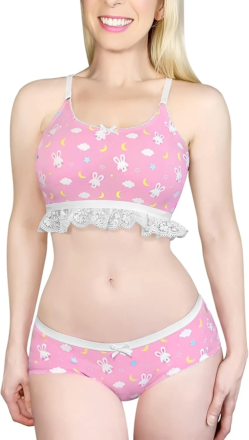 Littleforbig Lacy Trim Women Nightwear Strap Sleepwear Cami Top Shorts Lingerie bralette loungewear Set - Snuggle Bunny
