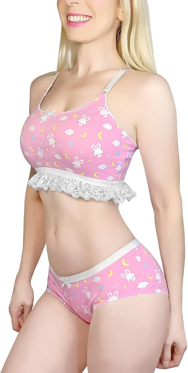 Littleforbig Lacy Trim Women Nightwear Strap Sleepwear Cami Top Shorts Lingerie bralette loungewear Set - Snuggle Bunny