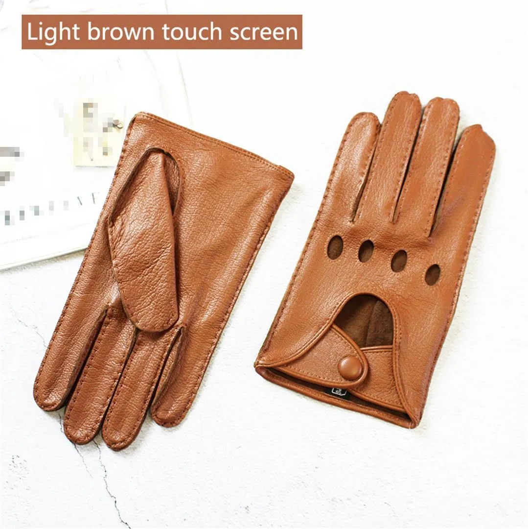 Men's Deerskin Leather Driving Gloves Thin Hollow Breathable Spring Summer Motorcycle Riding Gloves