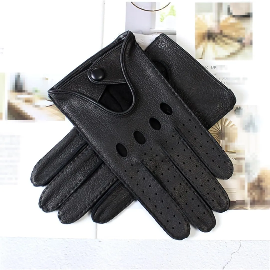 Men's Deerskin Leather Driving Gloves Thin Hollow Breathable Spring Summer Motorcycle Riding Gloves
