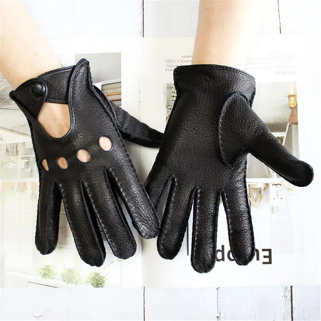 Men's Deerskin Leather Driving Gloves Thin Hollow Breathable Spring Summer Motorcycle Riding Gloves