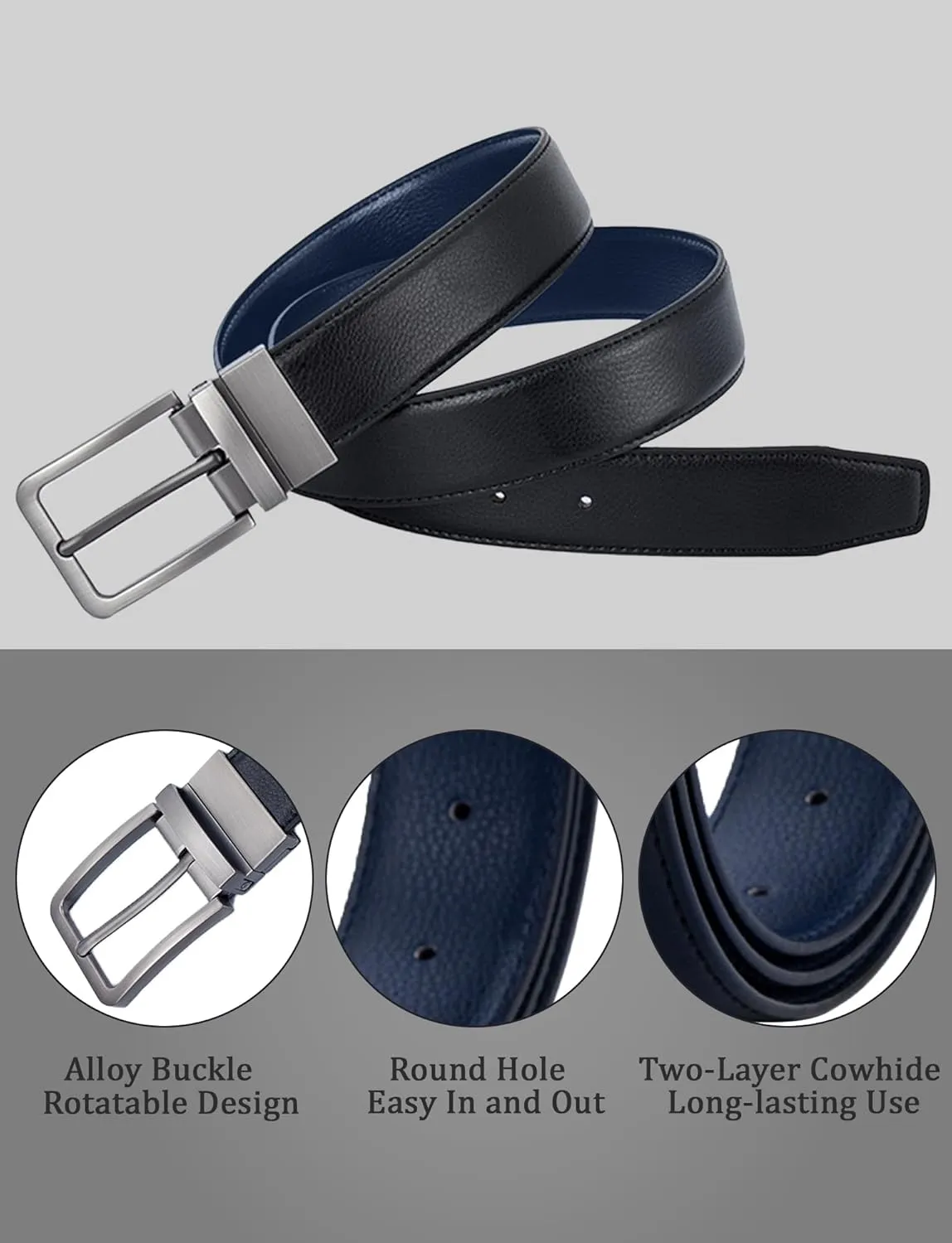 Mens Genuine Leather Belt Two-in-One Reversible Business Belt Classic Work Waist Belts with Single Prong Buckle