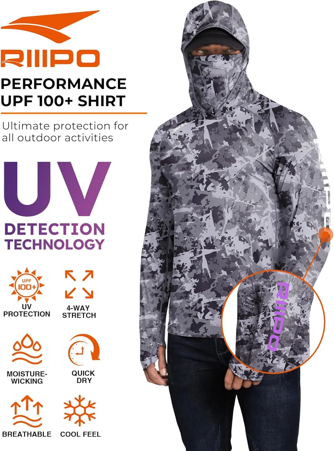Men’s UPF 100  Performance Fishing Shirt with Hood and Gaiter, Long Sleeves Breathable, Quick Dry, Cooling Hoodie