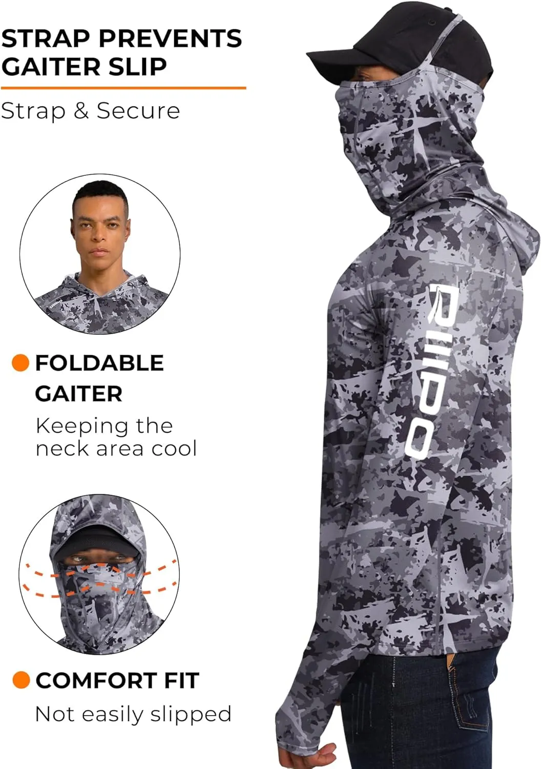 Men’s UPF 100  Performance Fishing Shirt with Hood and Gaiter, Long Sleeves Breathable, Quick Dry, Cooling Hoodie