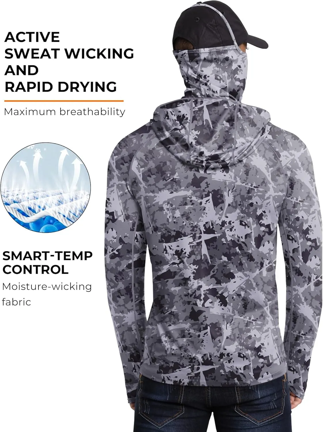 Men’s UPF 100  Performance Fishing Shirt with Hood and Gaiter, Long Sleeves Breathable, Quick Dry, Cooling Hoodie