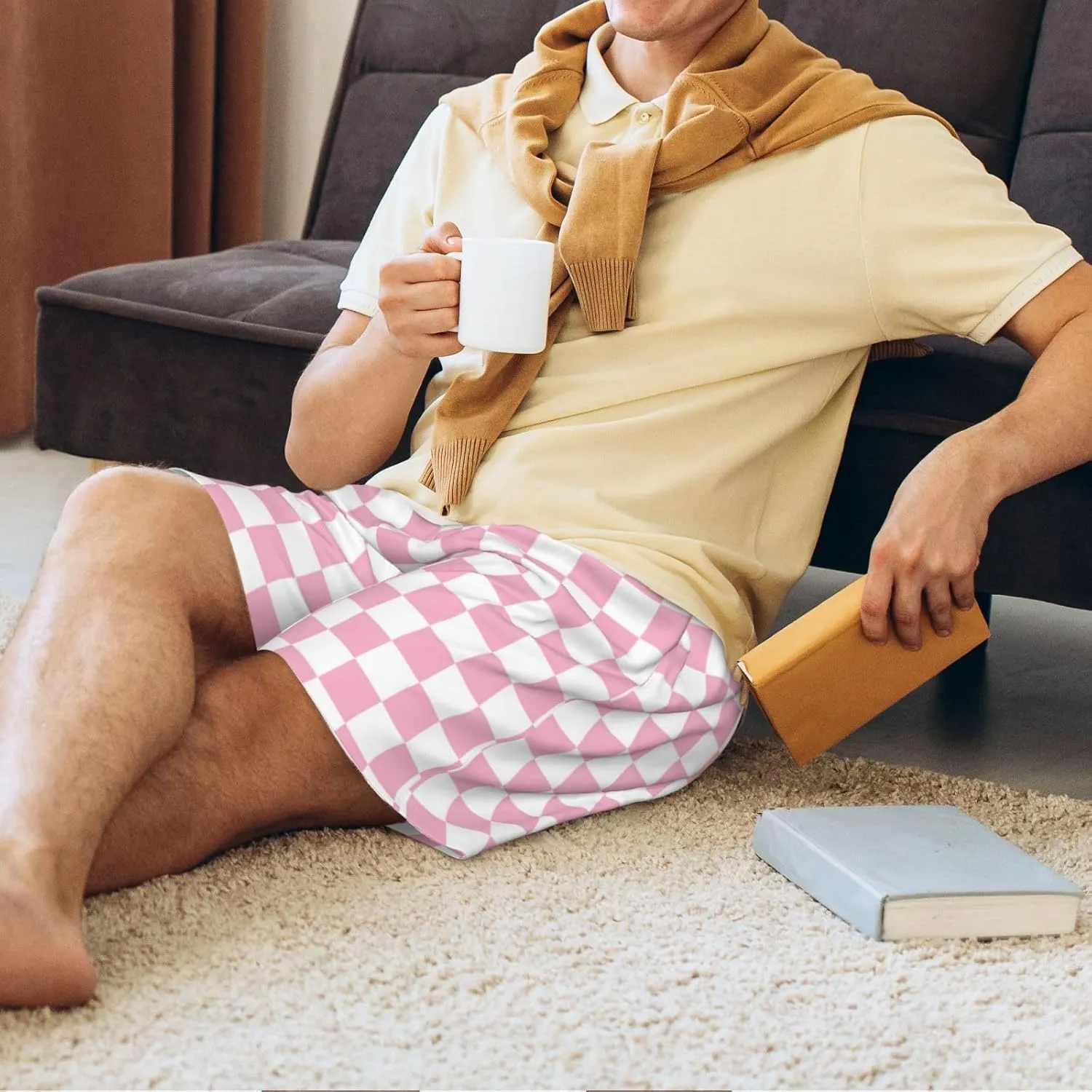 Novastar Mens Pajama Pants - pink pastel checkered Sleep Comfy Shorts Men Pajama Shorts, Pj Pants for Mens Lounge Shorts