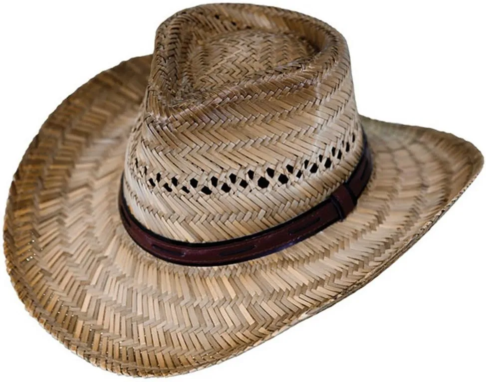 Outback Trading Unisex Chesapeake Summer UV Protection Rush Straw Cowboy Hat with 3.5" Wire Brim & Leather Headband