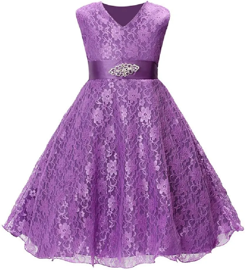 Quenny Summer Girls' lace Printed Dresses,Girls' Wedding Dresses with Diamond Belts.