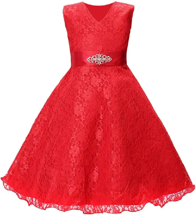 Quenny Summer Girls' lace Printed Dresses,Girls' Wedding Dresses with Diamond Belts.