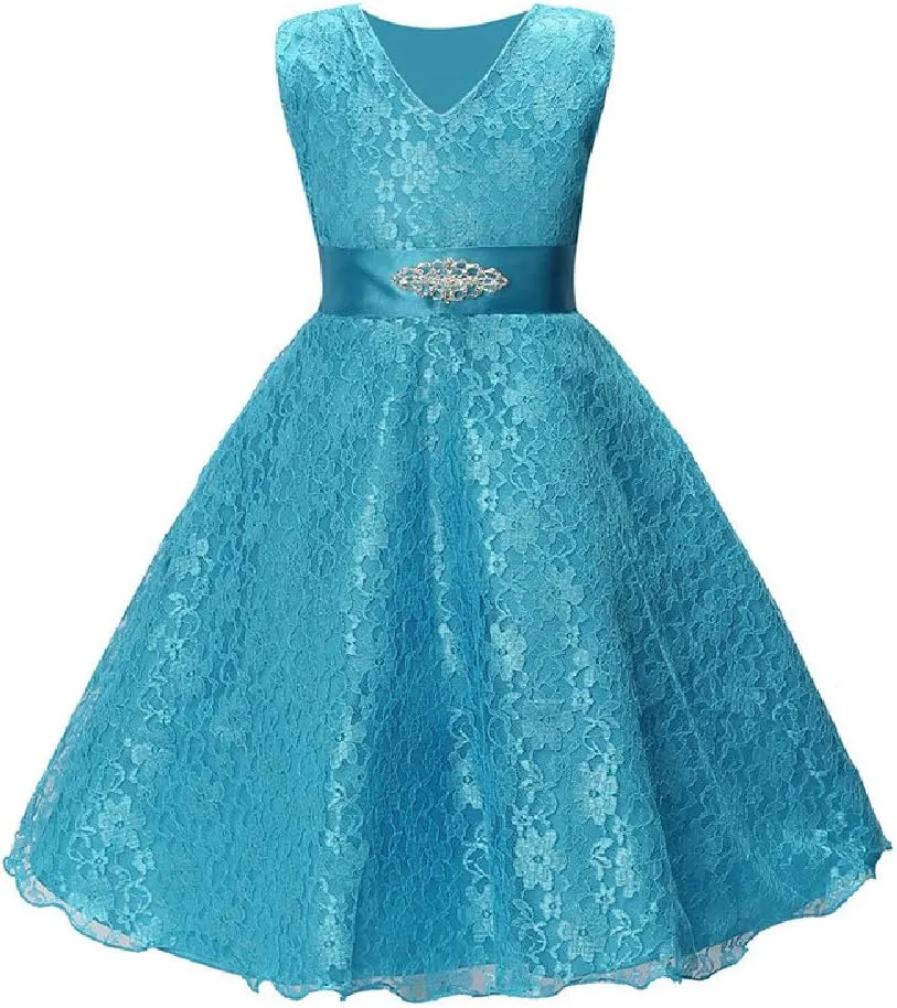 Quenny Summer Girls' lace Printed Dresses,Girls' Wedding Dresses with Diamond Belts.