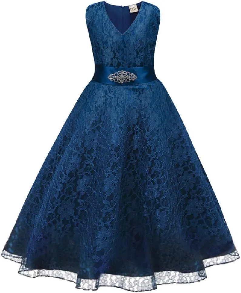 Quenny Summer Girls' lace Printed Dresses,Girls' Wedding Dresses with Diamond Belts.