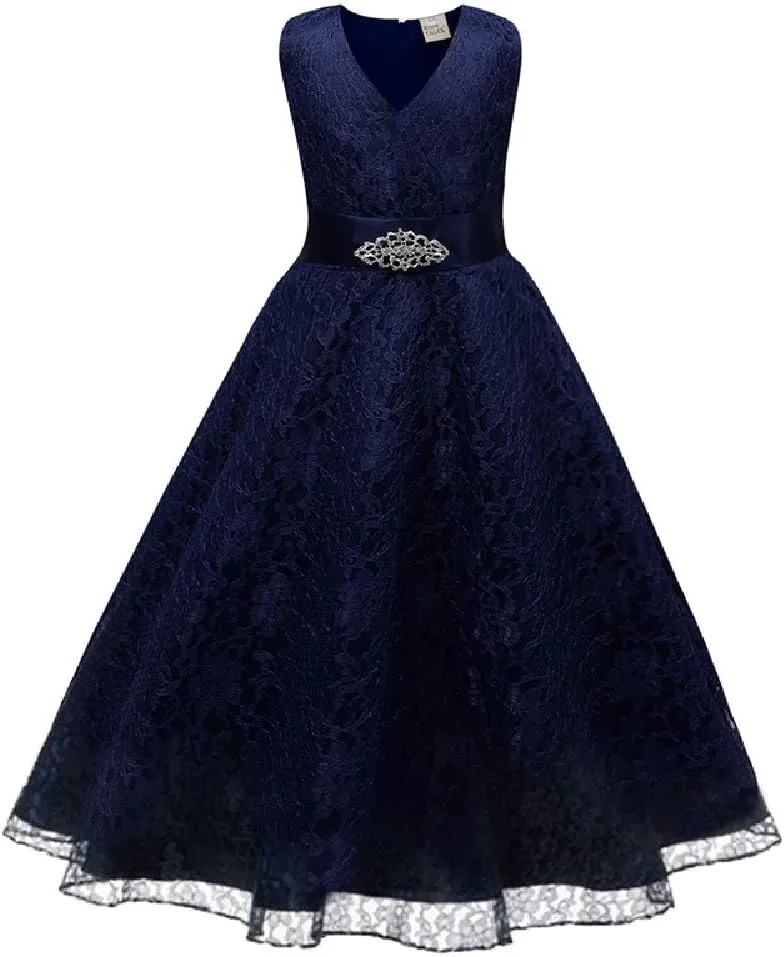Quenny Summer Girls' lace Printed Dresses,Girls' Wedding Dresses with Diamond Belts.