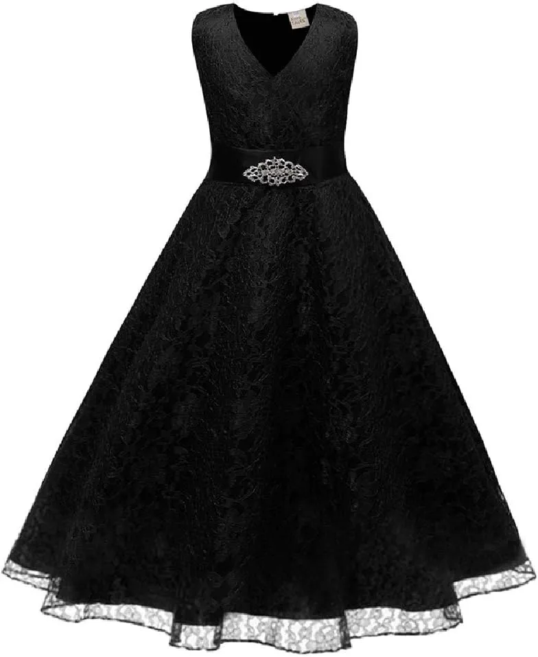 Quenny Summer Girls' lace Printed Dresses,Girls' Wedding Dresses with Diamond Belts.