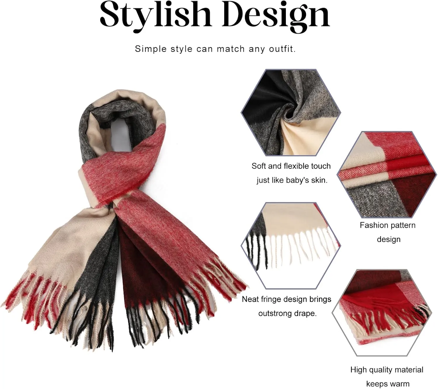 Sumato Scarf for Women Fall Winter Lightweight Shawl Wraps Long Blanket Scarves Warm Soft Cashmere Feel Plaid Pattern Tassel