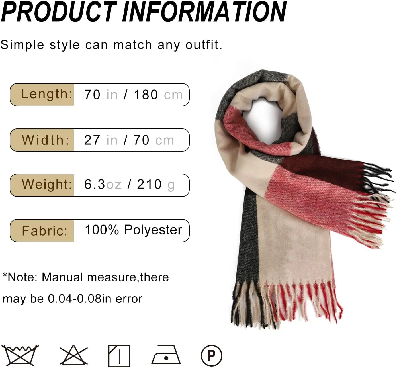Sumato Scarf for Women Fall Winter Lightweight Shawl Wraps Long Blanket Scarves Warm Soft Cashmere Feel Plaid Pattern Tassel