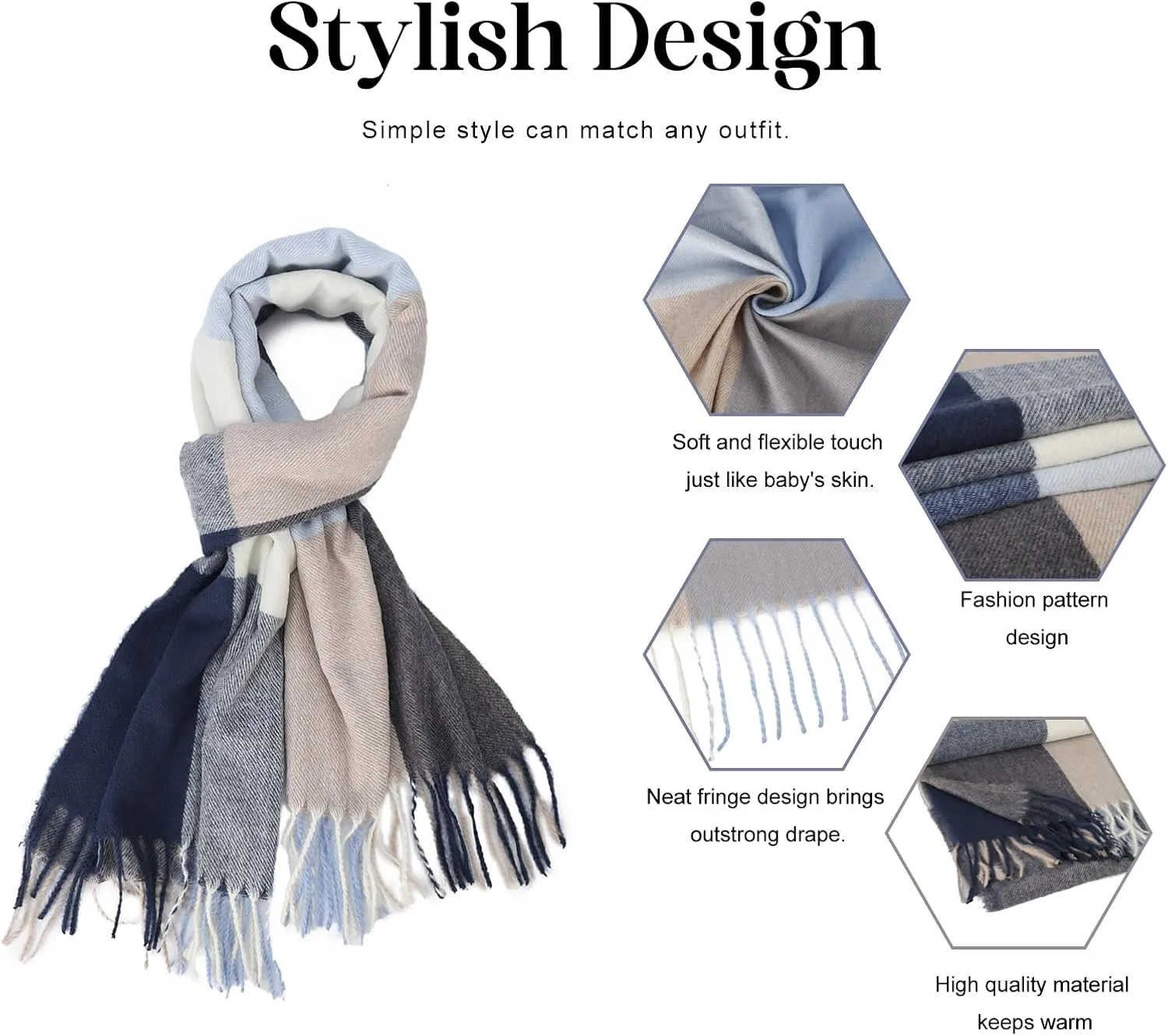 Sumato Scarf for Women Fall Winter Lightweight Shawl Wraps Long Blanket Scarves Warm Soft Cashmere Feel Plaid Pattern Tassel