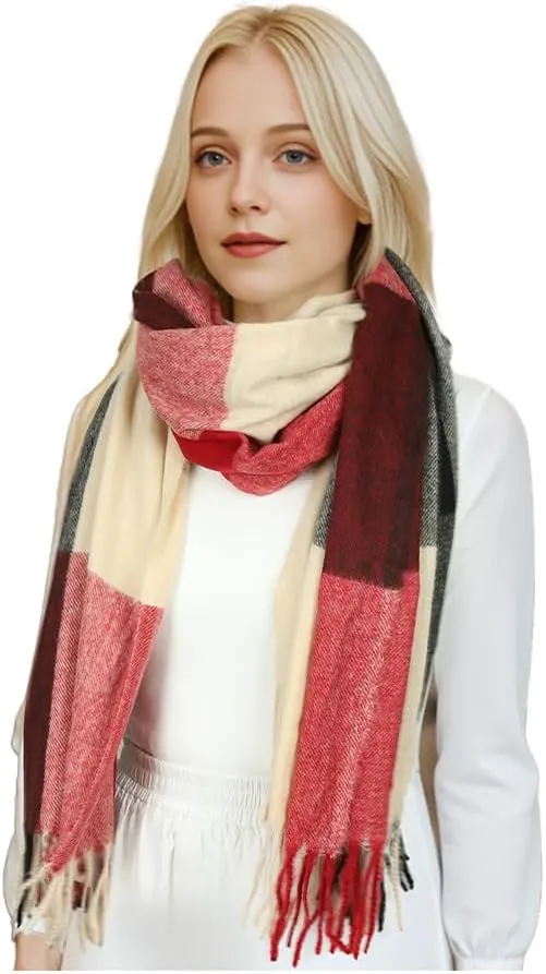 Sumato Scarf for Women Fall Winter Lightweight Shawl Wraps Long Blanket Scarves Warm Soft Cashmere Feel Plaid Pattern Tassel