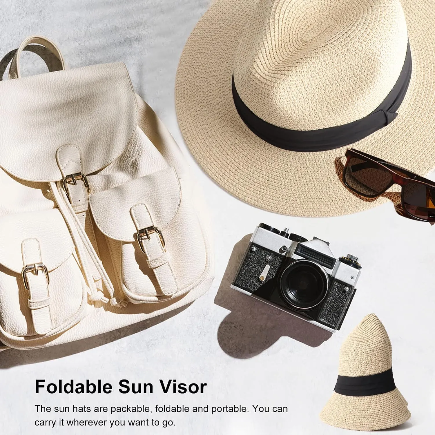 Summer Straw Fedora Hat for Women Men Travel Panama Hat with Wide Brim Roll Up Sun Hat for Beach Outdoor UPF 50 