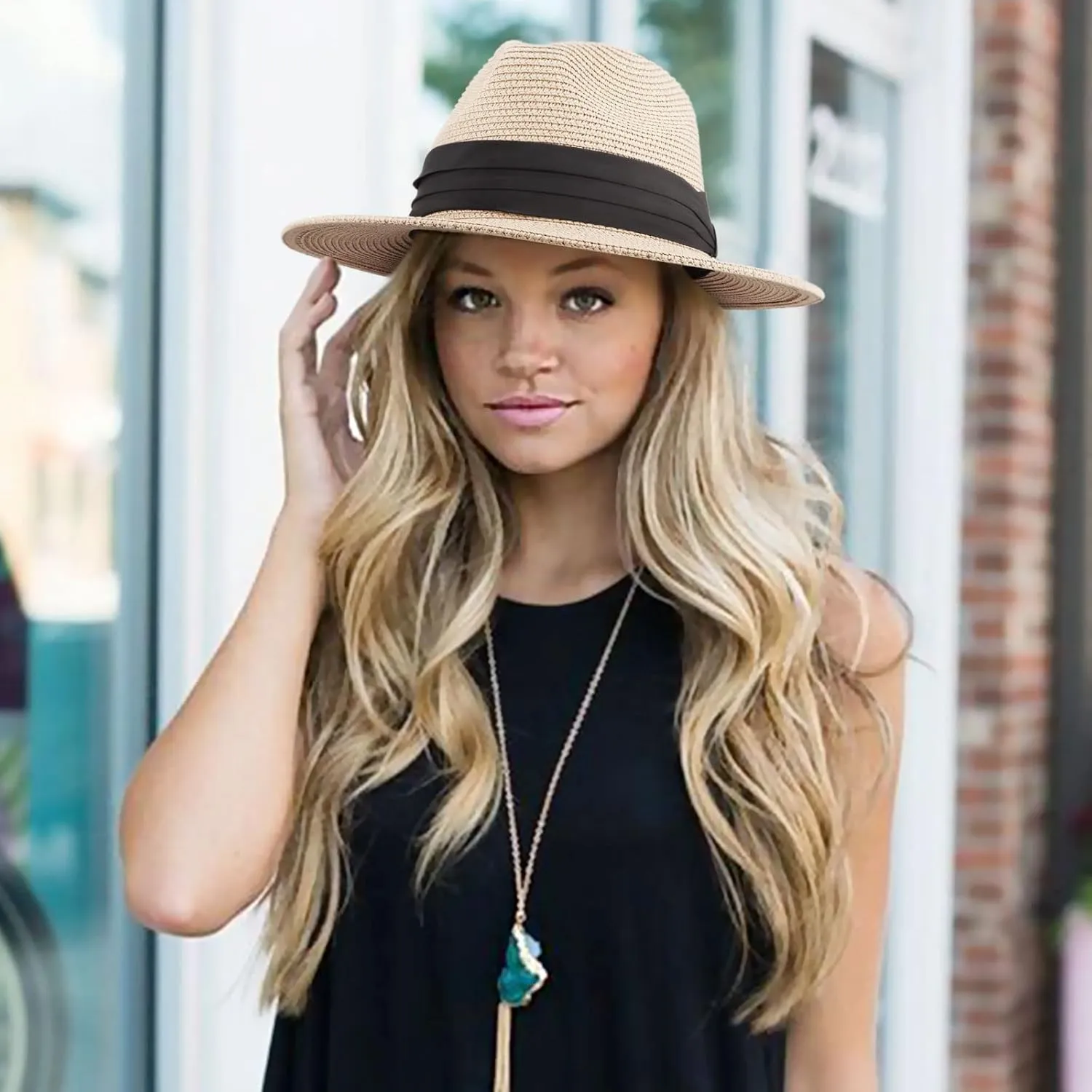 Summer Straw Fedora Hat for Women Men Travel Panama Hat with Wide Brim Roll Up Sun Hat for Beach Outdoor UPF 50 