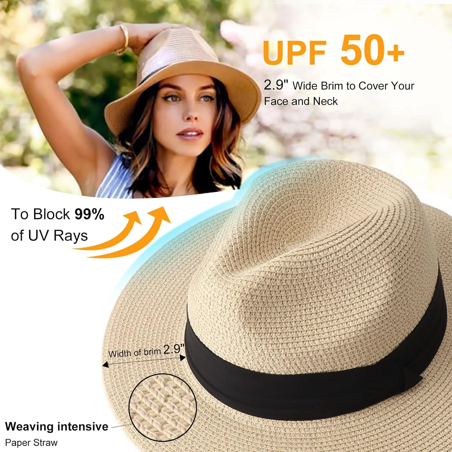 Summer Straw Fedora Hat for Women Men Travel Panama Hat with Wide Brim Roll Up Sun Hat for Beach Outdoor UPF 50 