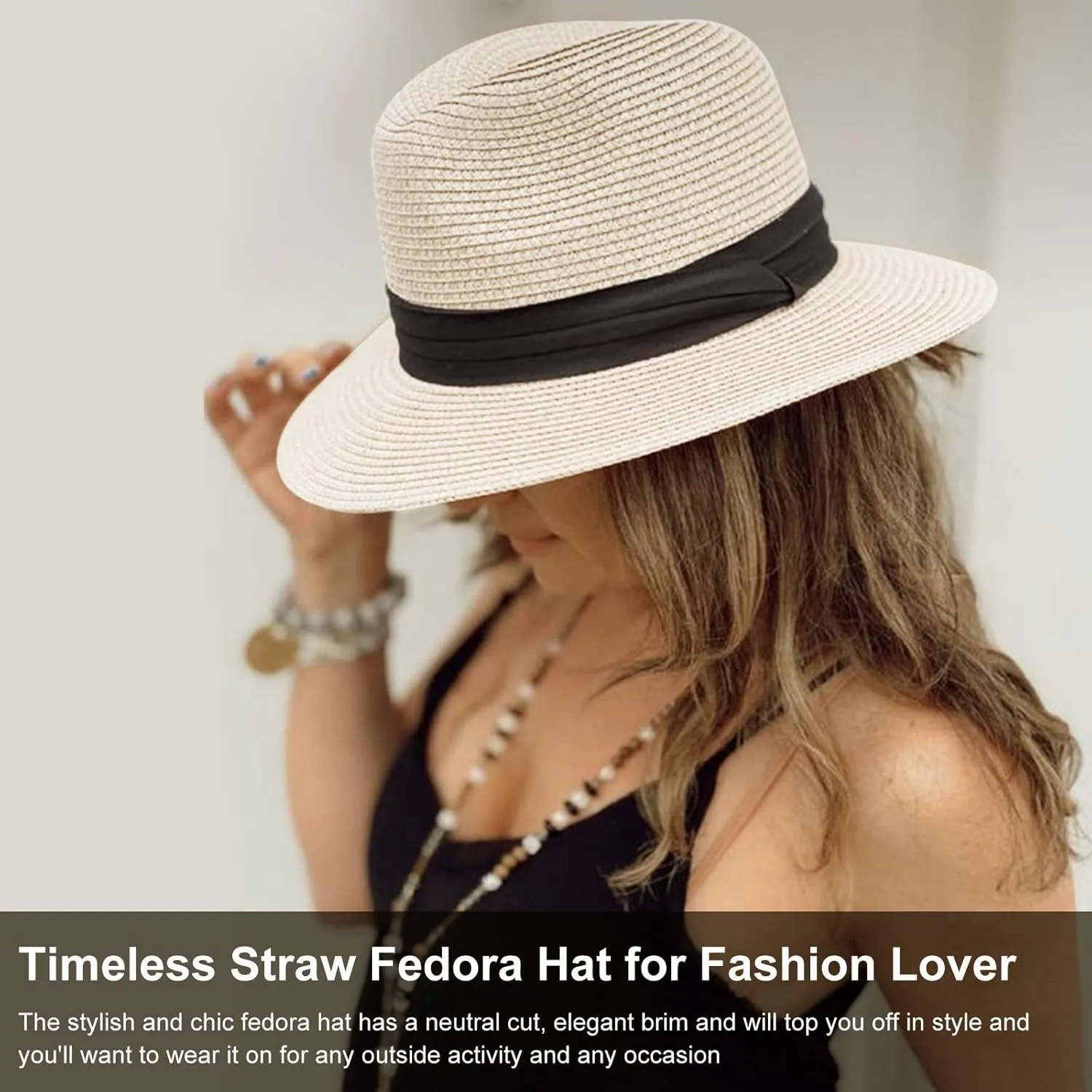 Summer Straw Fedora Hat for Women Men Travel Panama Hat with Wide Brim Roll Up Sun Hat for Beach Outdoor UPF 50 