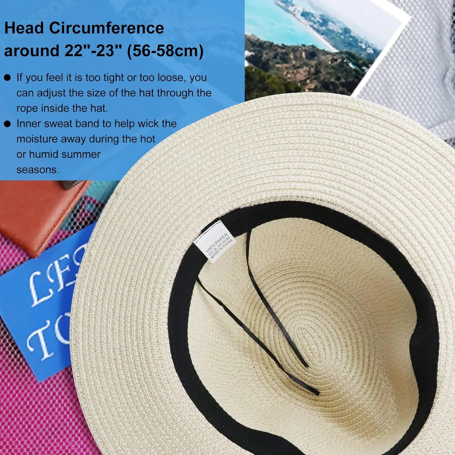 Summer Straw Fedora Hat for Women Men Travel Panama Hat with Wide Brim Roll Up Sun Hat for Beach Outdoor UPF 50 
