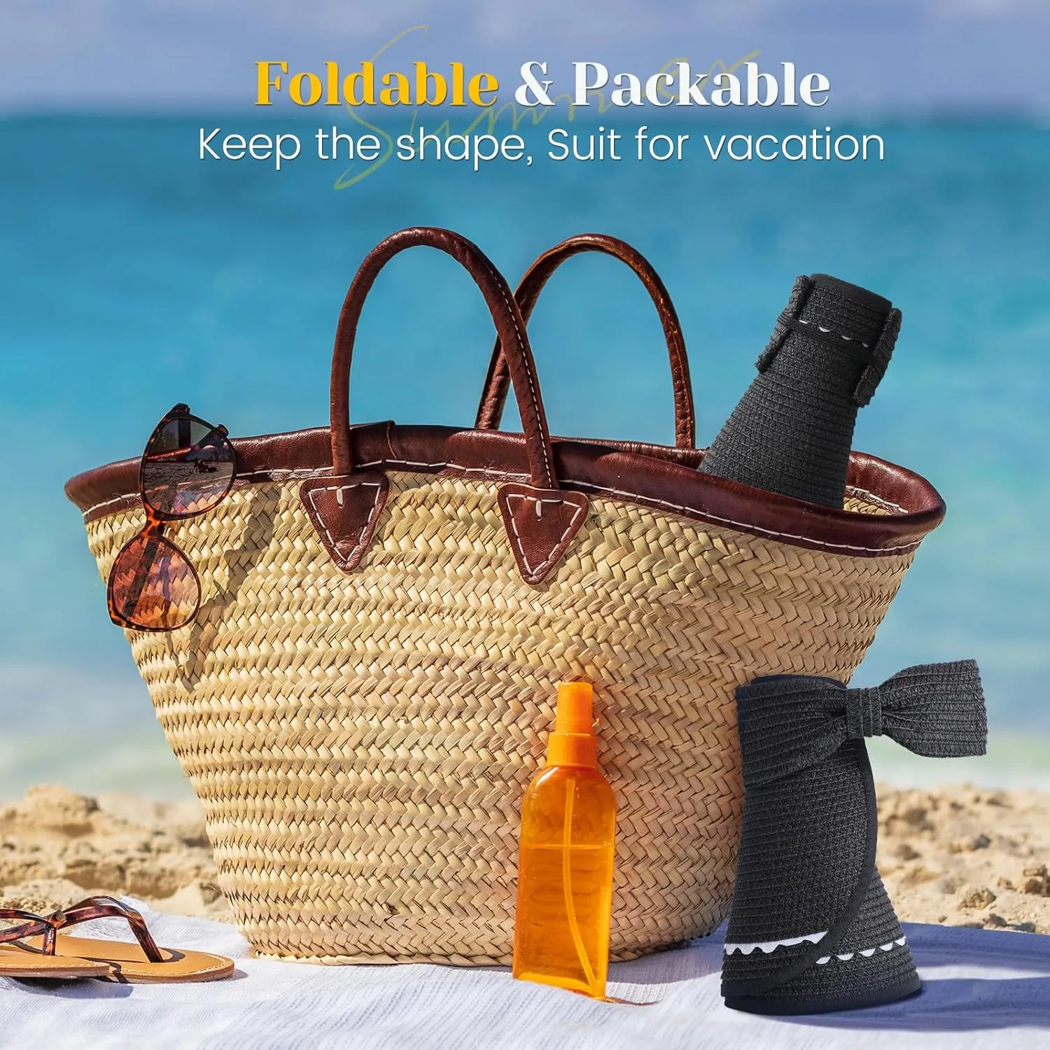 Sun Hats for Women, Beach Hat Sun Hat Women Visor Hats Wide Brim Straw Ponytail Hats for Women Foldable Floppy