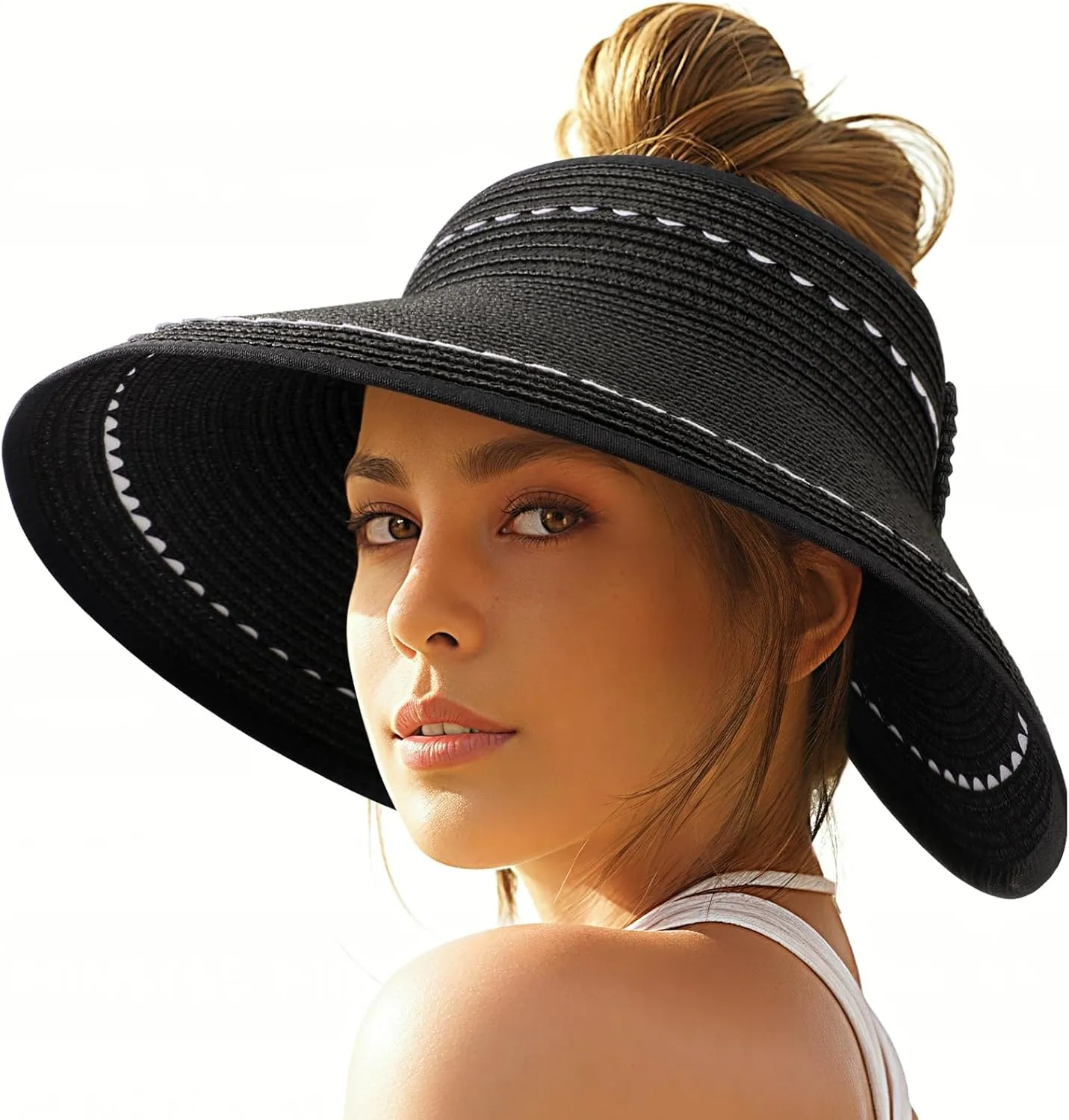 Sun Hats for Women, Beach Hat Sun Hat Women Visor Hats Wide Brim Straw Ponytail Hats for Women Foldable Floppy
