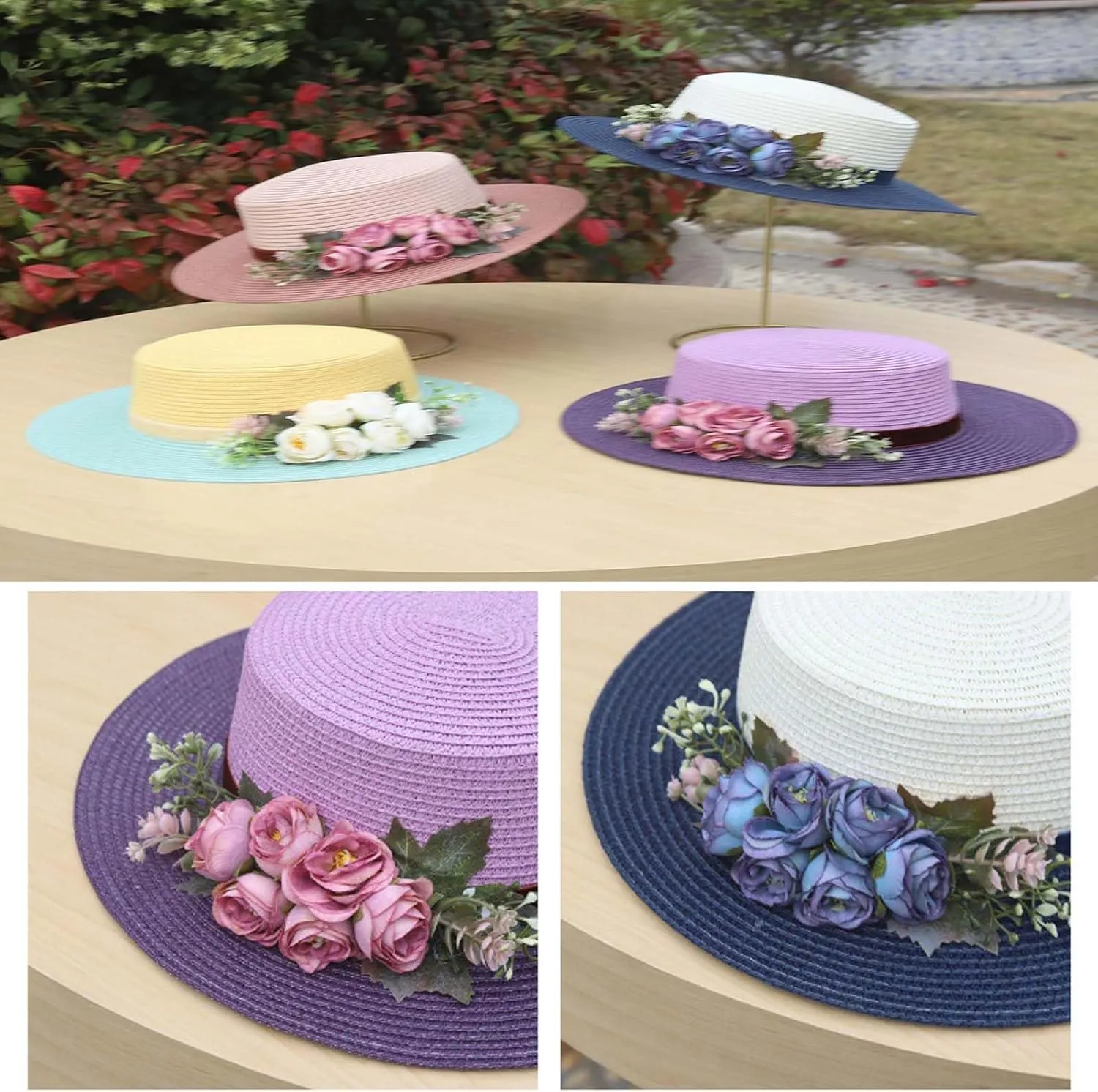 Sun Hats for Women Beach Hats Wide Brim Sun Straw Hat Handmade Flower Sun Protection Hat UV Paper Grass Flat top hat