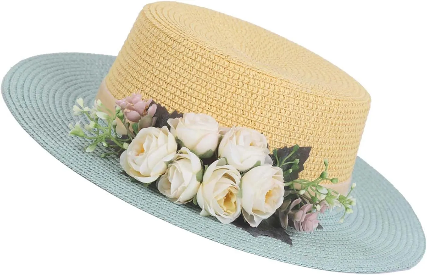 Sun Hats for Women Beach Hats Wide Brim Sun Straw Hat Handmade Flower Sun Protection Hat UV Paper Grass Flat top hat