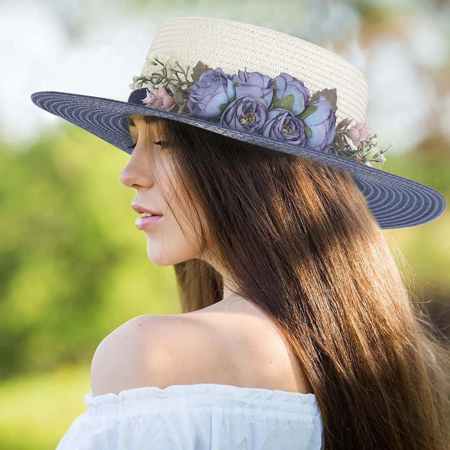 Sun Hats for Women Beach Hats Wide Brim Sun Straw Hat Handmade Flower Sun Protection Hat UV Paper Grass Flat top hat