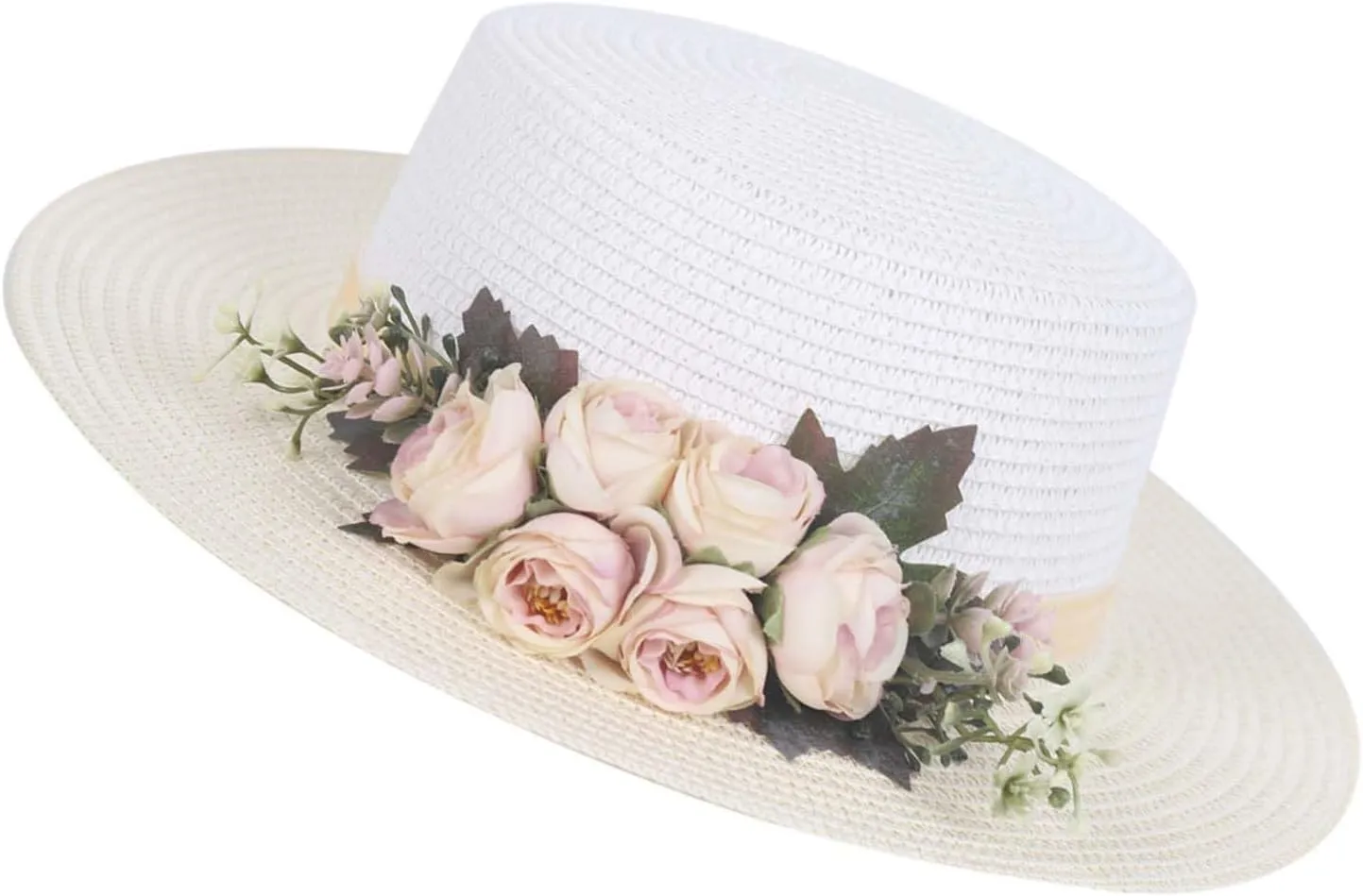Sun Hats for Women Beach Hats Wide Brim Sun Straw Hat Handmade Flower Sun Protection Hat UV Paper Grass Flat top hat
