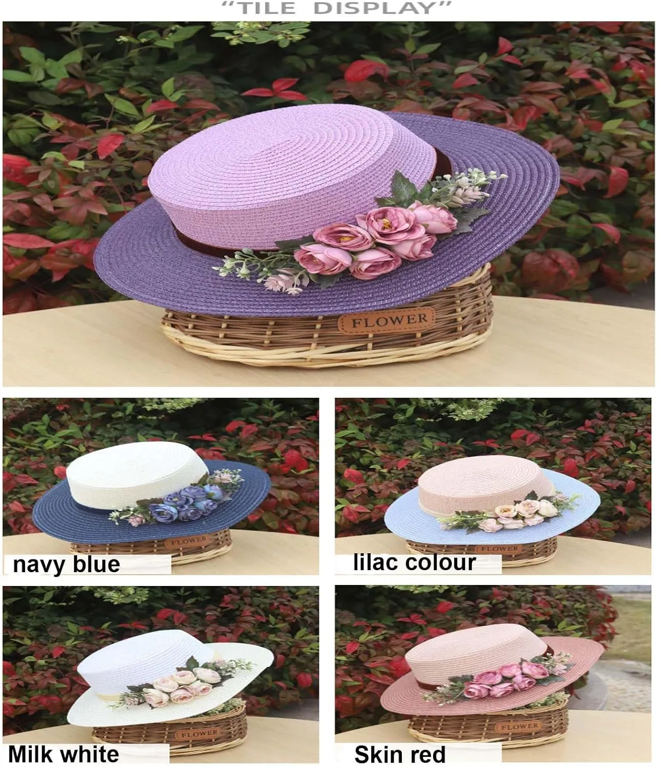 Sun Hats for Women Beach Hats Wide Brim Sun Straw Hat Handmade Flower Sun Protection Hat UV Paper Grass Flat top hat