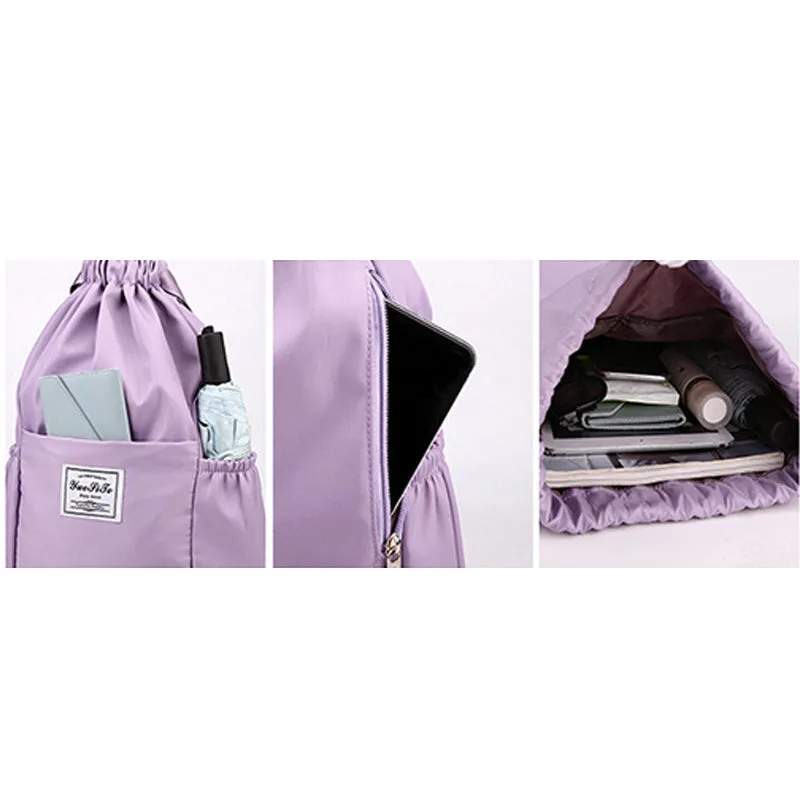Waterproof String Bag Foldable Sports Gym Drawstring Backpack with Side Pocket